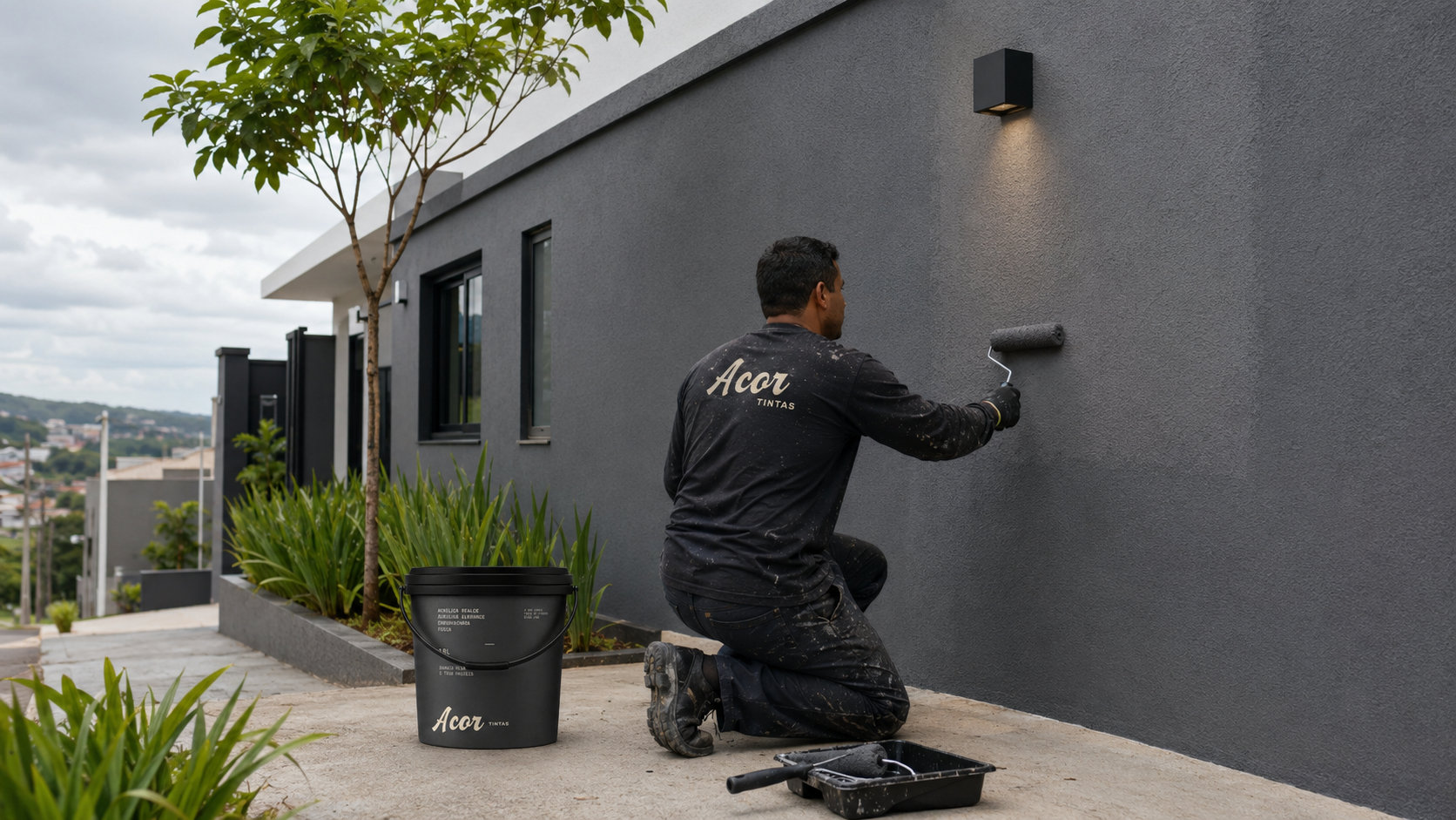 Aplicacao externa com equipe A Cor Tintas em fachada cinza
